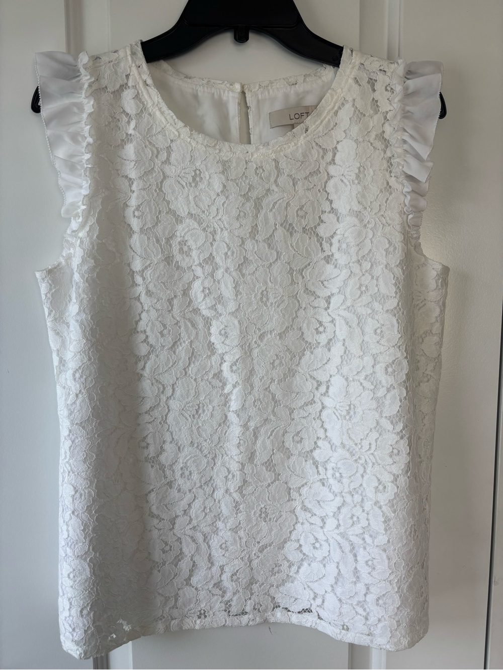 LOFT White Floral Lace Shell Top with Crew Neck
